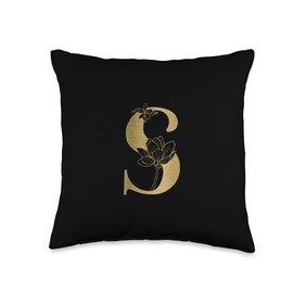 Initial S Letter Floral Rose 0n Matte Black Background Grip Throw Pillow