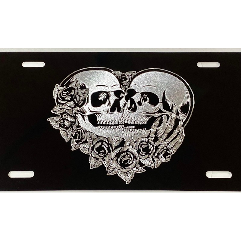 Engraved Skeleton Skull Lovers Car Tag Diamond Etched Vanity Front