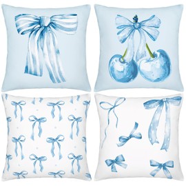 Onperpoe Pack of 4 Decorative Cushion Covers for Girls Room, Blue Coquette Bow, Cherry, Aesthetic Cushion Covers, Coquette Fabrics, Cushion Cover, Room Decoration, Preppy Gifts for Girls, 45 x 45 cm