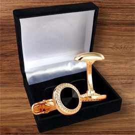 Royalty London Jewellery Luxurious Rose Gold Men's Black Crystal Gem Cufflinks Pair French Dress Wedding Cufflink Gift Set with Gift Box