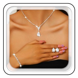 Aukmla Silver Crystal Bridal Wedding Jewelry Set Rhinestones Necklace Bracelet Earring Sets Prom Necklaces for Women and Brides (Silver)