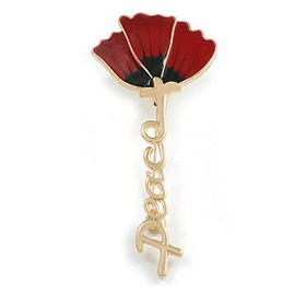 Red/Black Enamel Poppy Brooch in Gold Tone - 75mm Tall