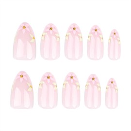 Medium Press on Nails Almond Fake Nails with Flower Design Golden Glitter Nails Press ons Light Pink Full Cover Acrylic False Nails Glossy Glue on Nails for Girls 24Pcs