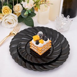 U-QE 60PCS Black Plastic Plates Disposable for party - Including 30PCS 10inch Dinner & 30PCS 7.5inch Dessert - Hard Plastic Plates for Party & Wedding