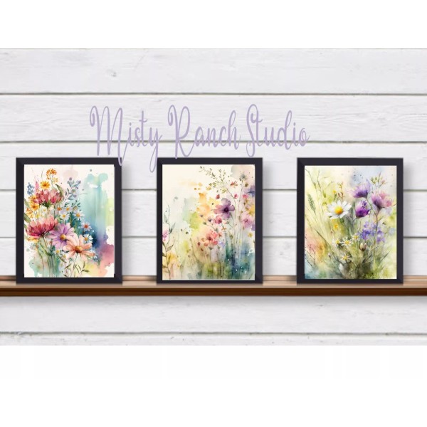 Set of 3 Beautiful UNFRAMED Wildflowers Watercolor Wall Art Prints