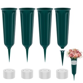 4 x Green Grave Vase Insert, Plastic, Grave Vase with Ground Spike and Base, Memorial Grave Vases, Cemetery Vase for Graves, Cemetery, Garden Decoration