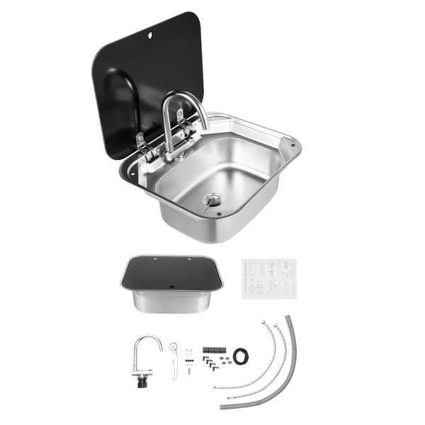 Fenjidrop RV Sink, Camper Sink with Tempered Glass Cover, 304