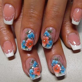 24pcs White French Press on Nails Short Square Almond Fake Nails with Flowers Rhinestone Design French Tips Flower Acrylic Nails False Nails Floral Full Cover Stick on Nails for Women Manicure