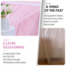 Party Village 204inch Extra-Long Pink Table Skirt with Table Clips & Magic Tape - Fits 6ft Rectangle Tables, Wrinkle-Free Tulle Fabric for Kids Birthday Baby Shower(No Top Cover)