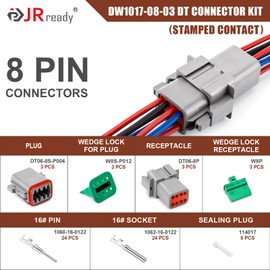 JRready DW1017 8 Pin Deutsch DT Connector Kit, IP68 Waterproof Electrical Automative DT Connectors Kit with 24Pairs Size 16 Stamped Contacts 16-18 AWG and Sealing Plugs, 3 Sets