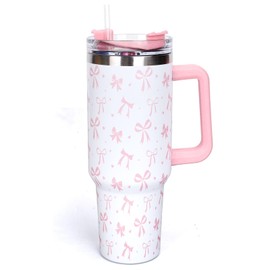 Whaline 40oz Pink Bow Tumbler with Handle Straw and Lid Coquette Bowknot Travel Tumbler Coffee Cup for Women Friend Holiday Birthday