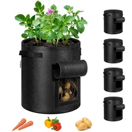 VIVOSUN 5-Pack 7 Gallon Potato Grow Bags, Fabric Pots With Handle and Roll-up Window, Planter Containers for Growing Potatoes, Black