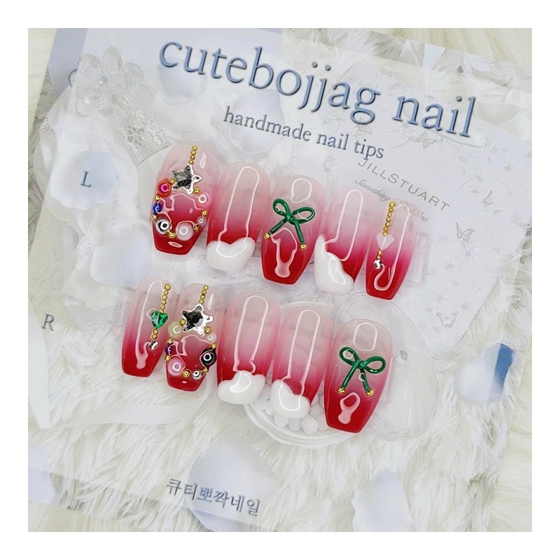 Christmas handmade nail tips - Square M / 크리스마스 소복소복