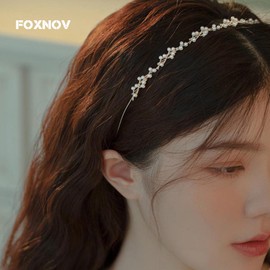 FOXNOV Women's Headband with Sparkling Pearl, Hair Clip, Thin, Handmade Hair Band, Flower, Hair Ornament, Simple, Gorgeous, Stylish, Bijou, Women's Hair Accessory, Gold
