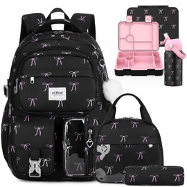 ACESAK Girls Backpack for School Set, 5PCS Laptop Backpack for Teen Women, Kids Leakproof Bento Box, Insulated Water Bottle, Lunch Bag & Pencil Pouch, Back To School Gift (Black Bow)