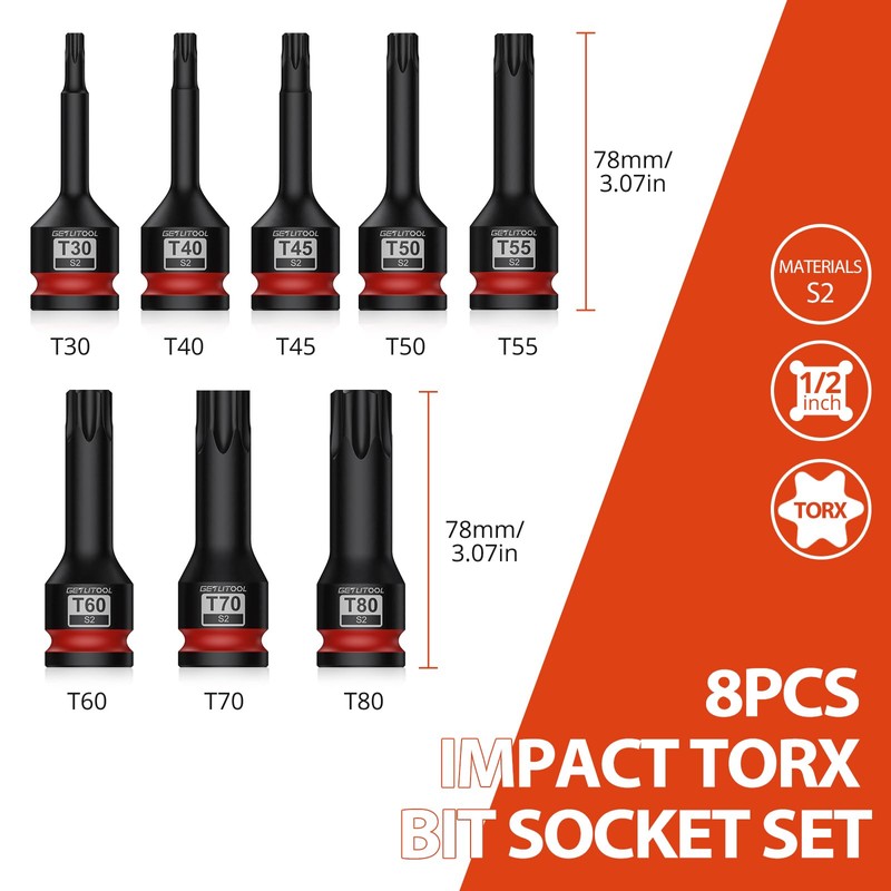 GETLITOOL 8Pcs Impact Torx Bit Socket Set, 1/2" Drive S2