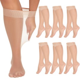 MANZI 6 Pairs Plus Size Knee Highs for Women 15 Denier Sheer Nylon Socks Knee High Stockings Natural X-Lagre-XX-Large