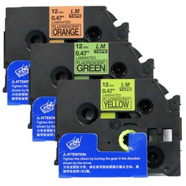 LM Tapes - 3 Fluorescent Tape Value Pack for Brother PT-1010-12mm Black on Orange, Black on Green, Black on Yellow Compatible TZe P-Touch Tape for Brother Model PT1010 Label Makers