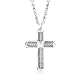 Ross-Simons Alor Men's Gray Stainless Steel Cable Cross Necklace. 24 inches