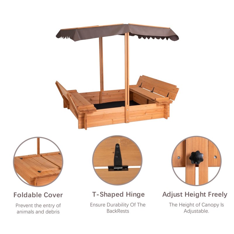 BIRASIL Wood Sandbox with Cover, Sand Box with 2 Bench