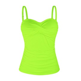 Ocean Blues Women's Neon Green Tankini Top Tummy Control Bandeau Bathing Suit Top Ruched Swim Top Only Size Large