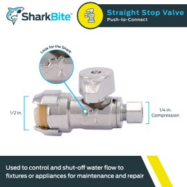 SharkBite 1/2 Push to Connect x 1/4 Inch (3/8 Inch OD) Push to Connect Straight Stop Valve, Quarter Turn, PEX Pipe, Copper, CPVC, PE-RT, HDPE, 23337-0000LF