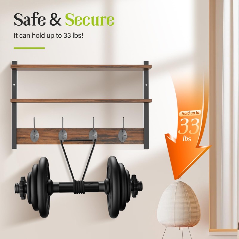 Orapoke Two-Tier Wall Shelf with Hooks, 17" Coat Rack Wall