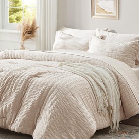 Zzlpp Beige King Comforter Set 7 Pieces, Seersucker Bed in a Bag with Sheets, All Season Bedding Sets with 1 Comforter, 2 Pillow Shams, 2 Pillowcases, 1 Flat Sheet, 1 Fitted Sheet