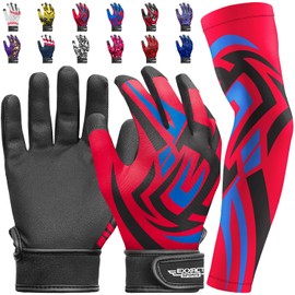 Exxact Sports Youth Batting Gloves with Arm Sleeve for Boys & Girls, Kids Baseball Batting Gloves for Softball, T-Ball (Youth S/M, Red Tattoo)