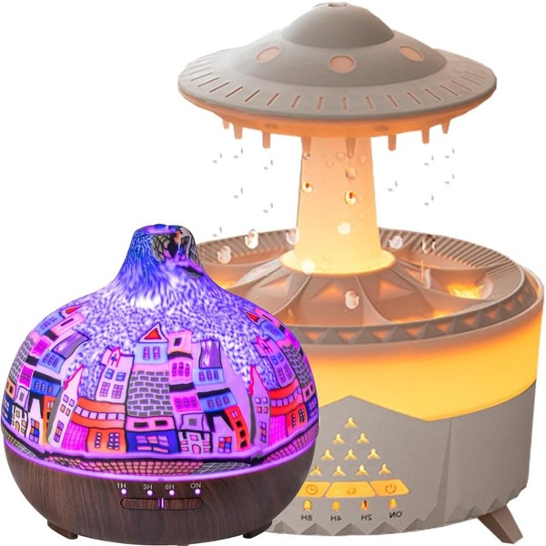 2-in-1 Desk UFO Humidifier Rain Cloud Aromatherapy Essential Oil Zen Diffuser & Raining Cloud Night Light Mushroom Lamp,Remote Control Rain Drop Aroma Diffuser with 7 Colors for Sleeping Relaxing