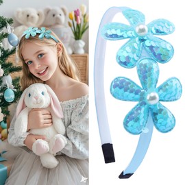 Xepeelo Blue Glitter Flower Headband,Spring Summer Hairband for Women,Blue Sequin Floral Hair Hoop,Non-Slip Headpiece Girl Hair Accessories for Birthday,Spring Tour(03, Large)