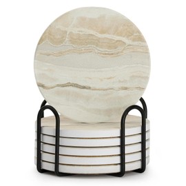 Ausein Juego de 6 Portavasos para Mesa Absorbentes, Posavasos de Marmol Antideslizantes de Cerámica para Bebidas, con Soporte de Metal Negro, Coasters para Varios Tipos de Vasos de Agua y Copas de Vino (Gris)