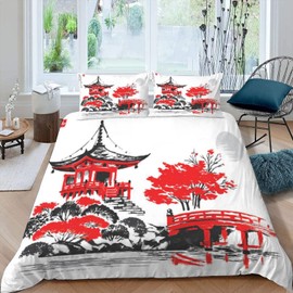 NYSMGS Tokyo, Japan Bed Linen, 135 x 200 cm, 3D Motif, Watercolour Duvet Cover with Zip, Summer Soft Microfibre Bed Linen Set, Duvet Covers with 2 Pillowcases 80 x 80 cm, for Children, Boys, Girls
