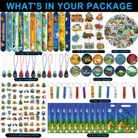 qhqqwzxqc 134 Pcs Camping Party Favors Happy Camp with Camping Slap Bracelets, Adventure Stickers, Bag, Camping Keychain, Camp Tattoos, Badge, Mini Colorful Compass, Emergency Whistle with Keychain