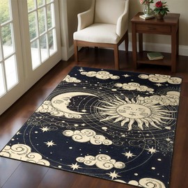 Sun and Moon Rug, Light Weight Thin 4x6 Area Rug Machine Washable, Vintage Abstract Celestial Astrology Area Rugs for Bedroom Living Room Entryway, Aesthetic Black Mystical Dorm College Rug Room Decor