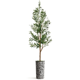 Artificial Tree in Contemporary Pattern Planter, Fake Olive Silk Tree for Indoor and Outdoor Home Decoration - 68" Overall Tall (Plant Pot Plus Tree)