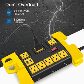 Heavy Duty Power Strip with USB, Workshop 8 Outlet Surge Protector 2700 Joules, Industrial Metal 15Amp Power Strip, 15 FT Extension Cord and Wide Spaced Black.