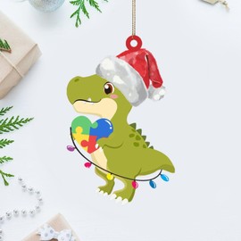 Dinosaur with Santa Hat Lights Hanging Ornaments Jurassic Velociraptor Dino Christmas Tree Ornament Keepsake Cute Pink Blue Dino Acrylic Christmas Bauble for Xmas Tree Decoration