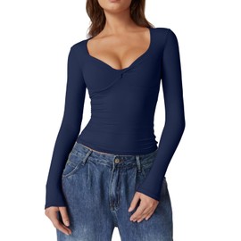 QINSEN Double Lined Shirts for Women V Neck Long Sleeve Casual Cropped Top Estate Blue M