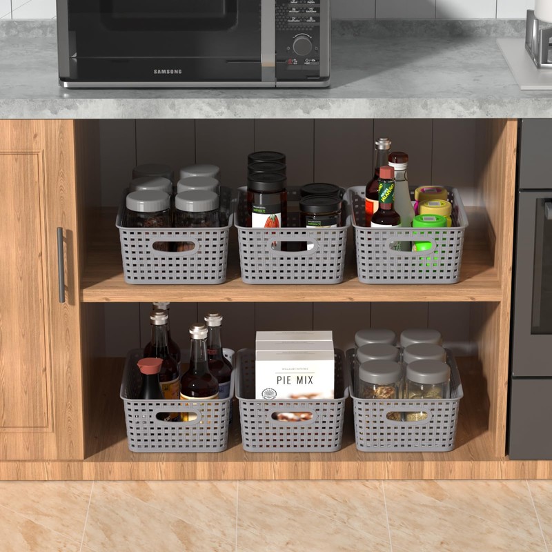 Knifefish 6-Pack Plastic Woven Baskets, Rectangular Rattan Basket for Organizer