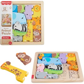 Fisher-Price Toddler Toy Wooden Animal Puzzle, Shape-Sorting Activity with 13 Wood Pieces for Preschool Kids Ages 2+ Years