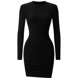 Chongbaijia Long Sleeve Dress for Women Ribbed Knit Crew Neck Fall Dresses Bodycon Mini Short Dresses Fashion Clothes 2025 Black