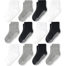 CozyWay Non-Slip Crew Grip Kids Socks - 12 Pack Black/White/Gray Socks for Toddler Boys & Girls 7-9 Years Old - Toddler Socks - Toddler Grip Socks - Toddler Socks with Grippers - Baby Socks with Grips