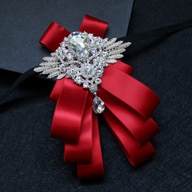 Chamvino Master of ceremonies bridegroom groomsmen Banquet dress suit bow tie brooch gentleman Large diamond bow brooch(Red)