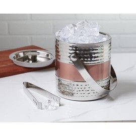 Sol Living Ice Bucket - Double Wall Stainless Steel - Includes Tongs and Lid - Wine & Champagne Holder - for Home, Bars, Commercial Use - Ribbed Finish - Hammered Copper, 1.6 Qt.