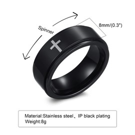 Spinner Cross Rings for Men, Silver/Black Anxiety Fidget Rings Men, Mens Rings Stainless Steel for Stress Relieving, Promise Ring for Women Size 6-12 (Black Cross Ring, 12)