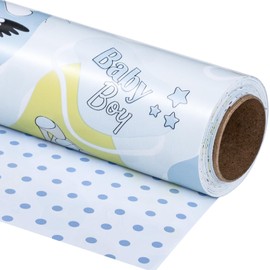 LeZakaa Reversible Baby Shower Wrapping Paper Roll - Bear and Duck Toy in Baby Blue Polka Dots - 17 inches x 32.8 Feet (46.45 sq.ft.)