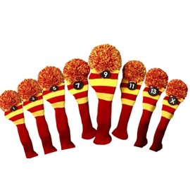 Majek Golf Club 1 3 5 7 9 11 13 X Yellow and Red Limited Edition Driver and Fairway Wood Head Covers Fits 460cc Drivers Tour Knit Retro Vintage Pom Classic Long Neck Metal Longneck Woods Headcovers
