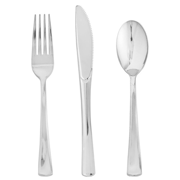 FOCUSLINE 75 Pack Silver Plastic Silverware Disposable Cutlery Set - 25 Forks, 25 Knives, 25 Spoons - Disposable Flatware Heavy Duty Plastic Utensils Set for Catering, Parties, Dinners, Weddings