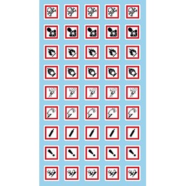 GHS Batch Pictogram, OSHA Compliant, White Base Vinyl, Laminated, Safety Labels, 1"x1" Sides,45 per, Corrosion,Flame,Oxidize,Corrosive,Compressed Gas,Health Hazard,Irritant,Skull and Crossbones